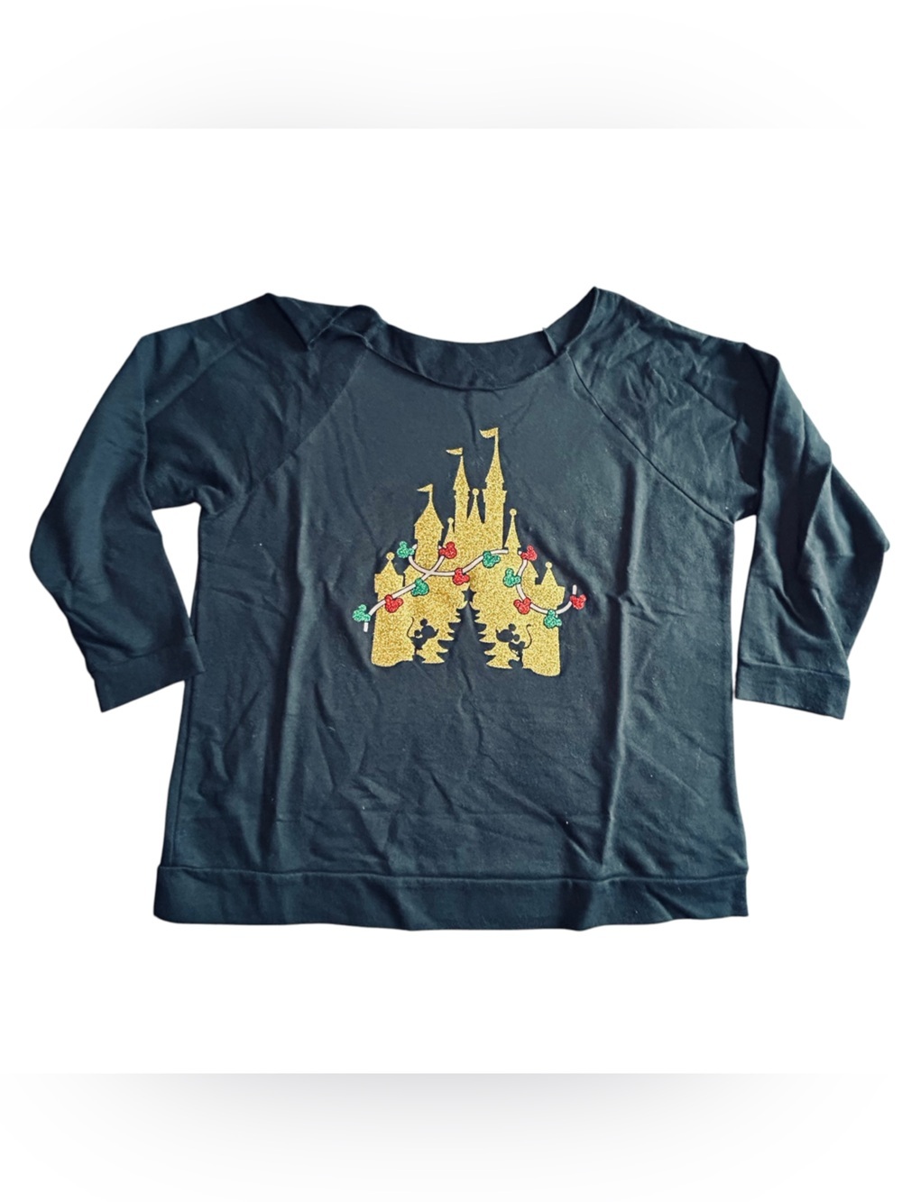 Next Level Apparel Black Sweatshirt with Gold Castle and Holiday Lights